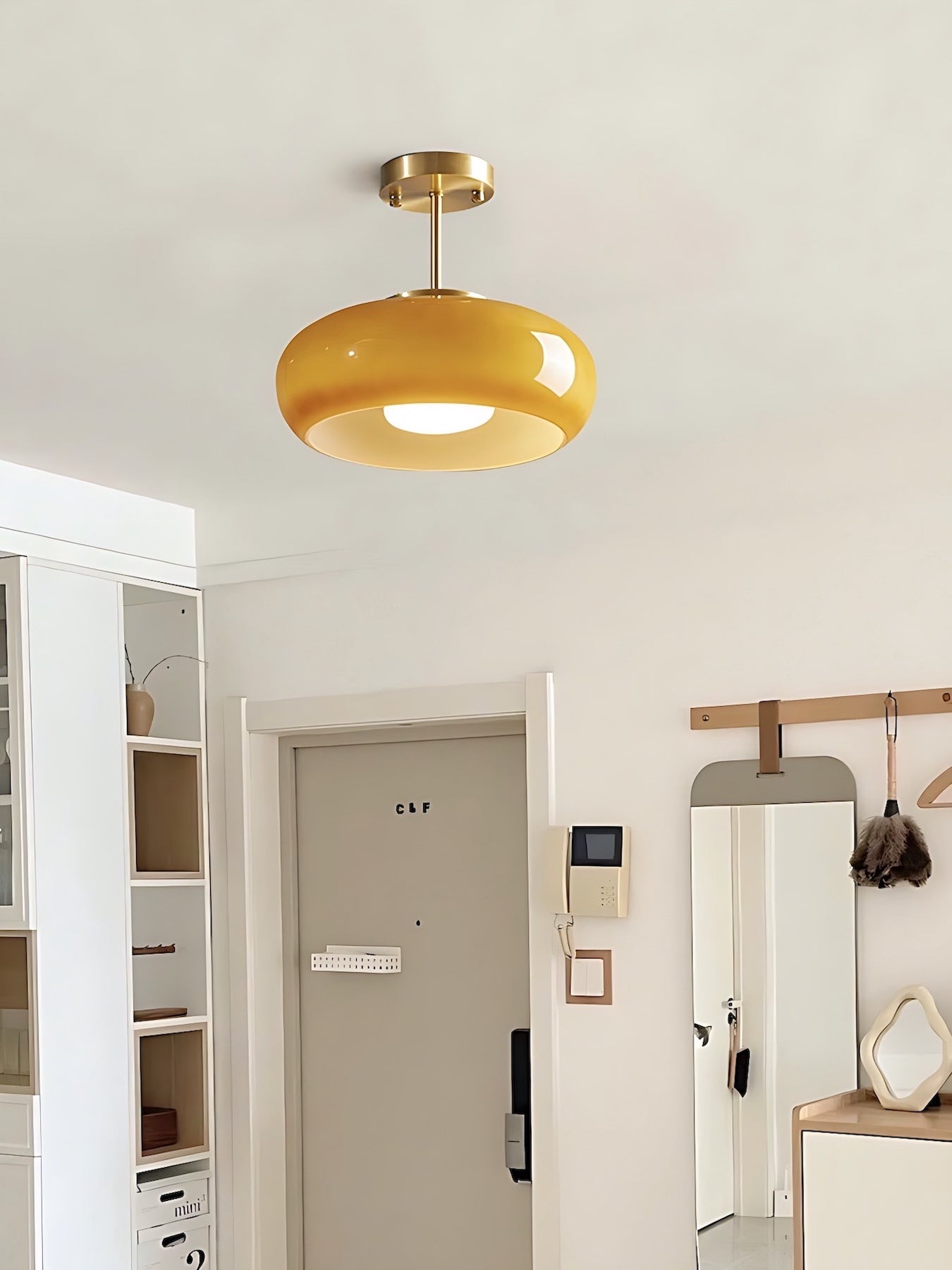 Plafondlamp Glazen Schijf Bauhaus Design Messing of Chroom Oranjegeel of Wit Glas Retro Stijlvolle Verlichting | Sansoti