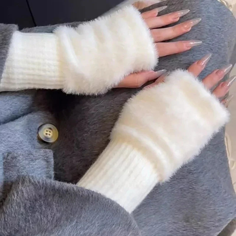 Fingerless gloves plush women's winter warm typing phone touchscreen one size comfortable soft | Sansoti