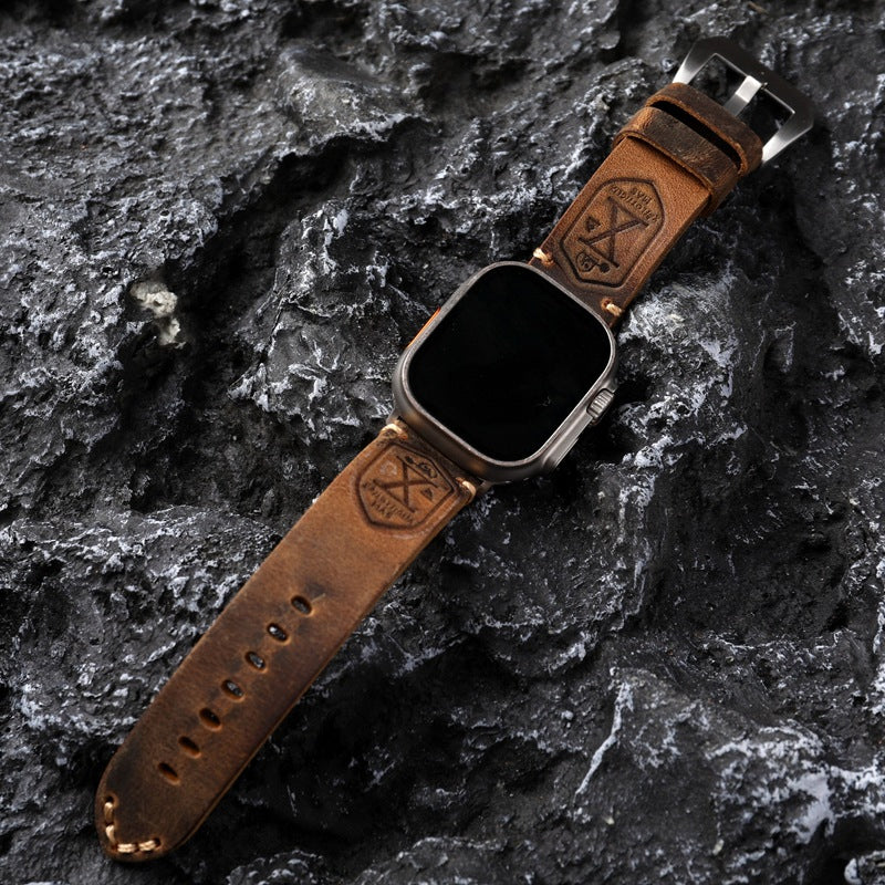 Vintage Leren Horlogeband voor Apple Watch met Handgestikte Naden en Volledig Narfleder Afwerking | Verstelbare Bandje 40-49mm voor Authentieke Retro Look Patina Ontwikkeling | Sansoti