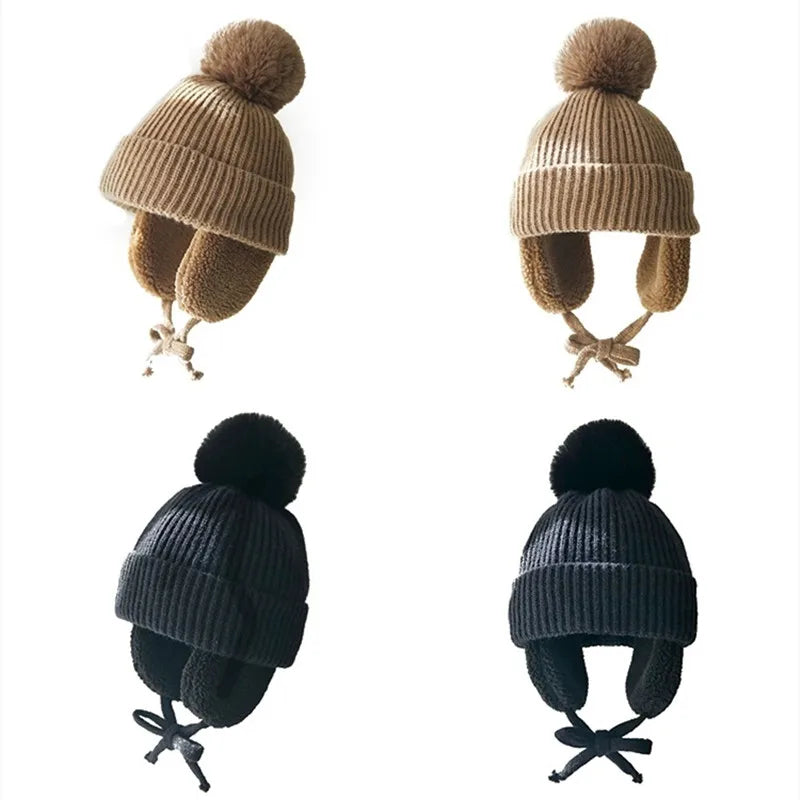 Bonnet tricoté pour enfants avec protège-oreilles et pompon, doublure douce en polaire, bonnet d'hiver chaud pour garçons et filles | Sansoti