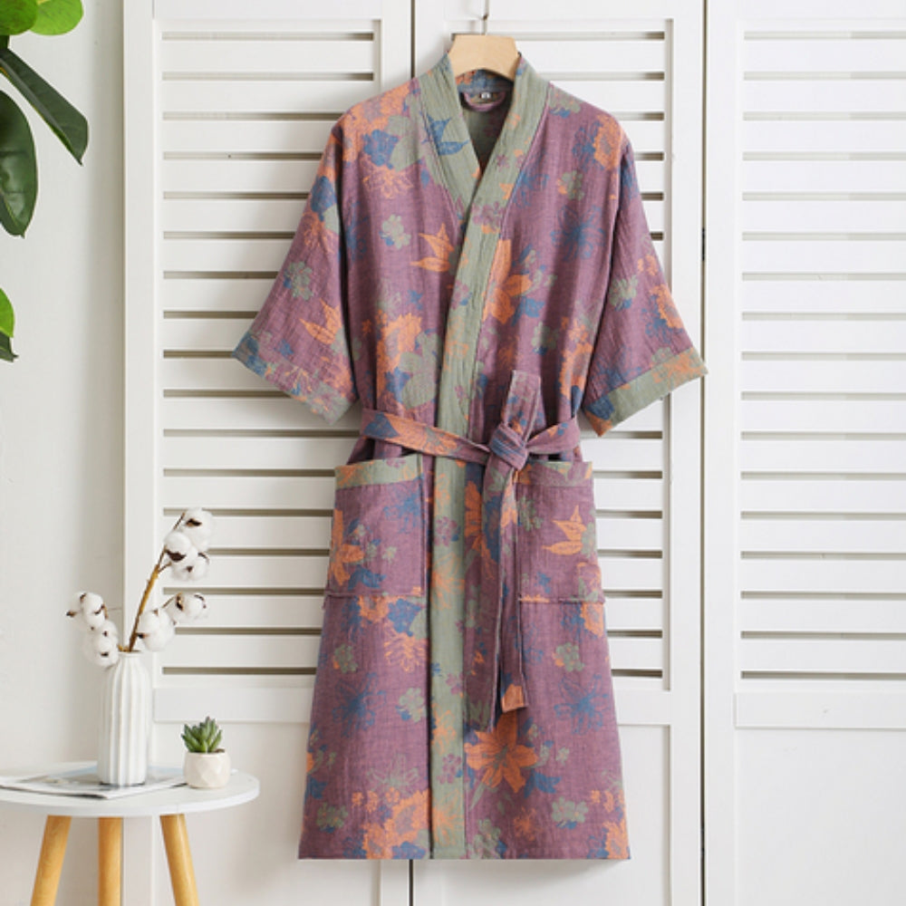 Cotton Robe, Double Gauze, Vintage Print, Loungewear, Terry Cloth Kimono, Spa, Home Comfort, Relaxation, Wellness | Sansoti