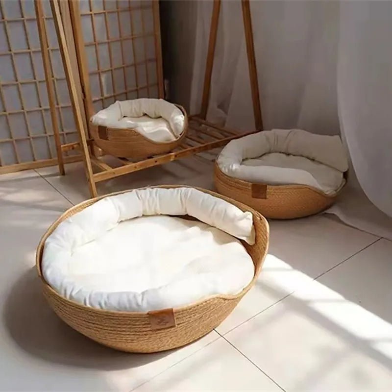 Panier pour animal de compagnie tressé et respirant en bambou, couchage en osier pour chien ou chat, design naturel, confortable et durable | Sansoti