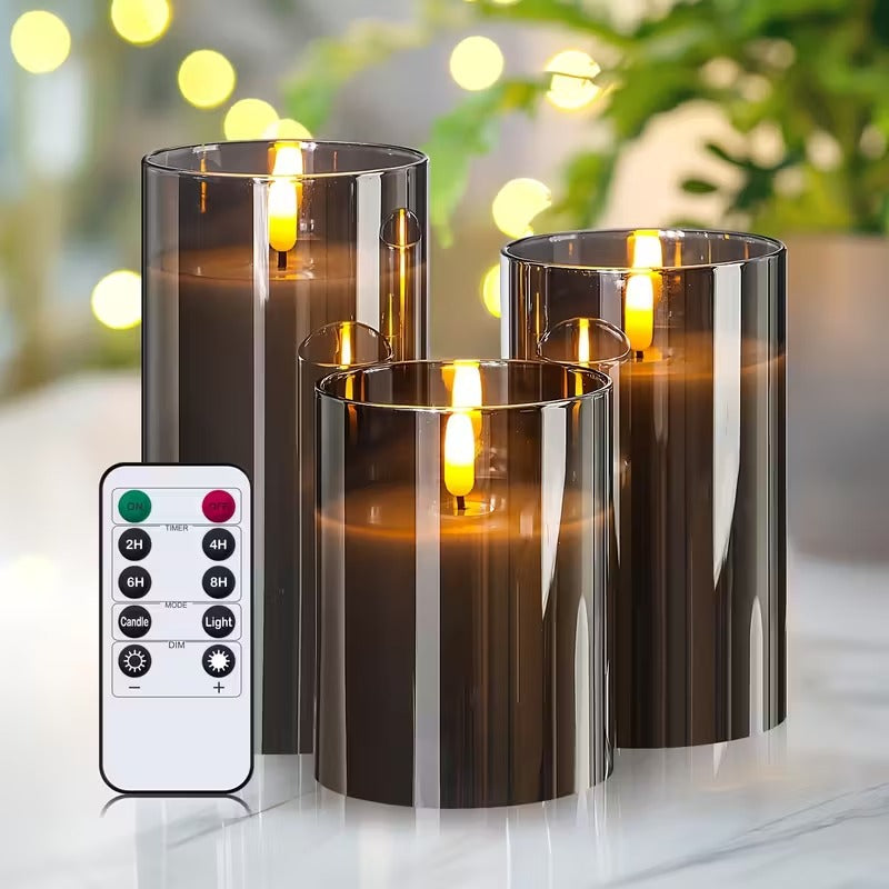 Bougies LED avec télécommande verre noir éclairage d’ambiance set minuterie intérieur moderne salon chambre décoration effet flamme réaliste | Restfield