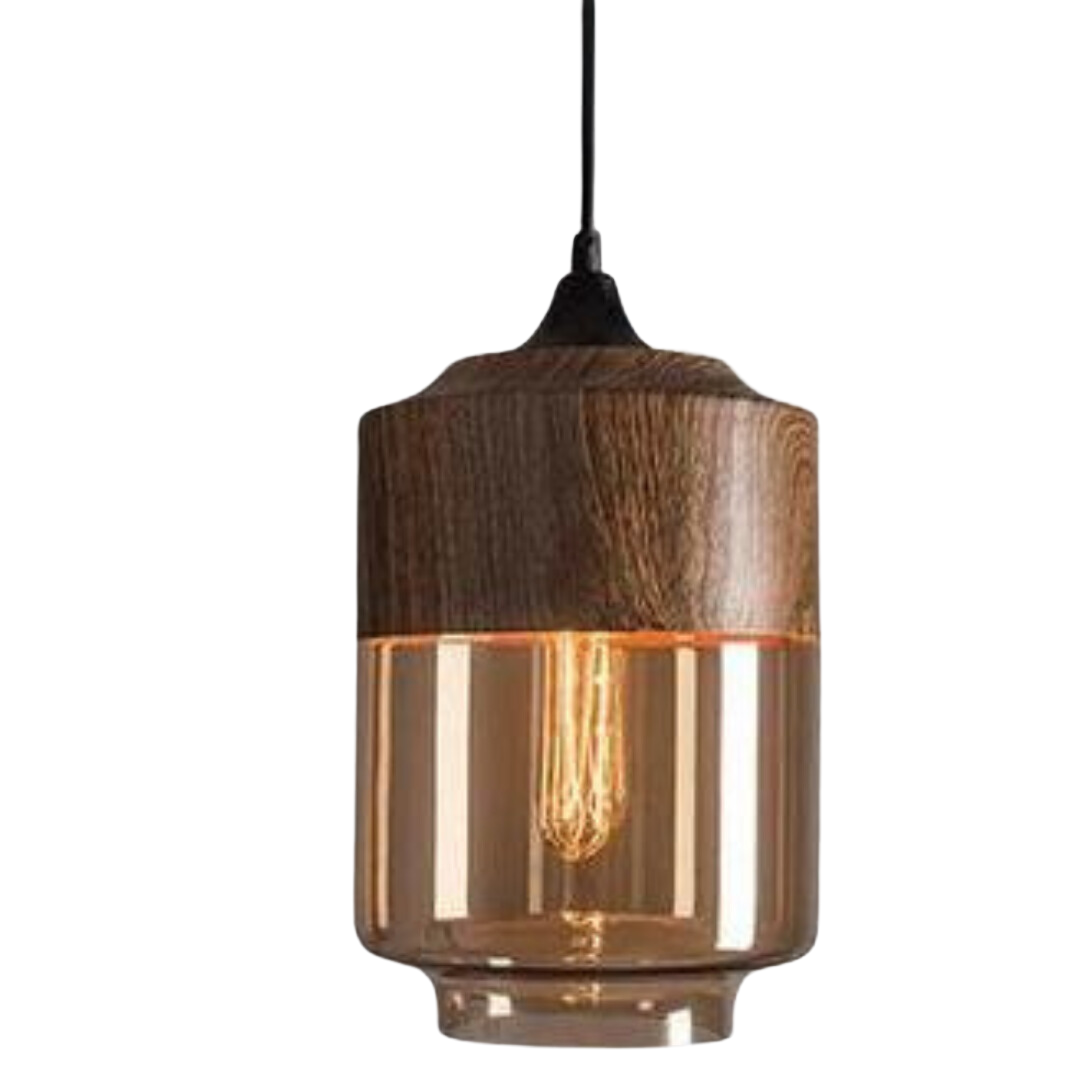 Scandinavische Hanglamp met Glazen Kap – Dimbaar Plafondlicht met Houtafwerking | Sansoti