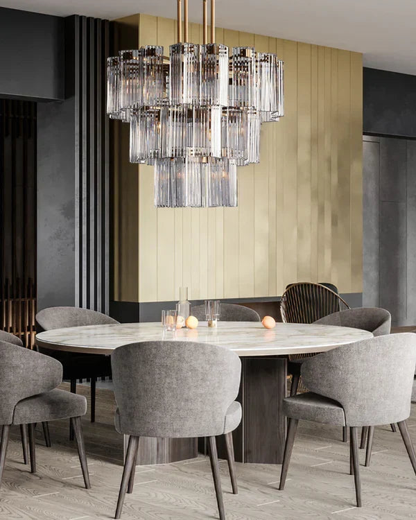Okrągły żyrandol z ryflowanym szkłem i stalową ramą, 38–60 cm, lampa wisząca z wieloma źródłami światła do jadalni, na klatkę schodową, do sali balowej i salonu | Sansoti