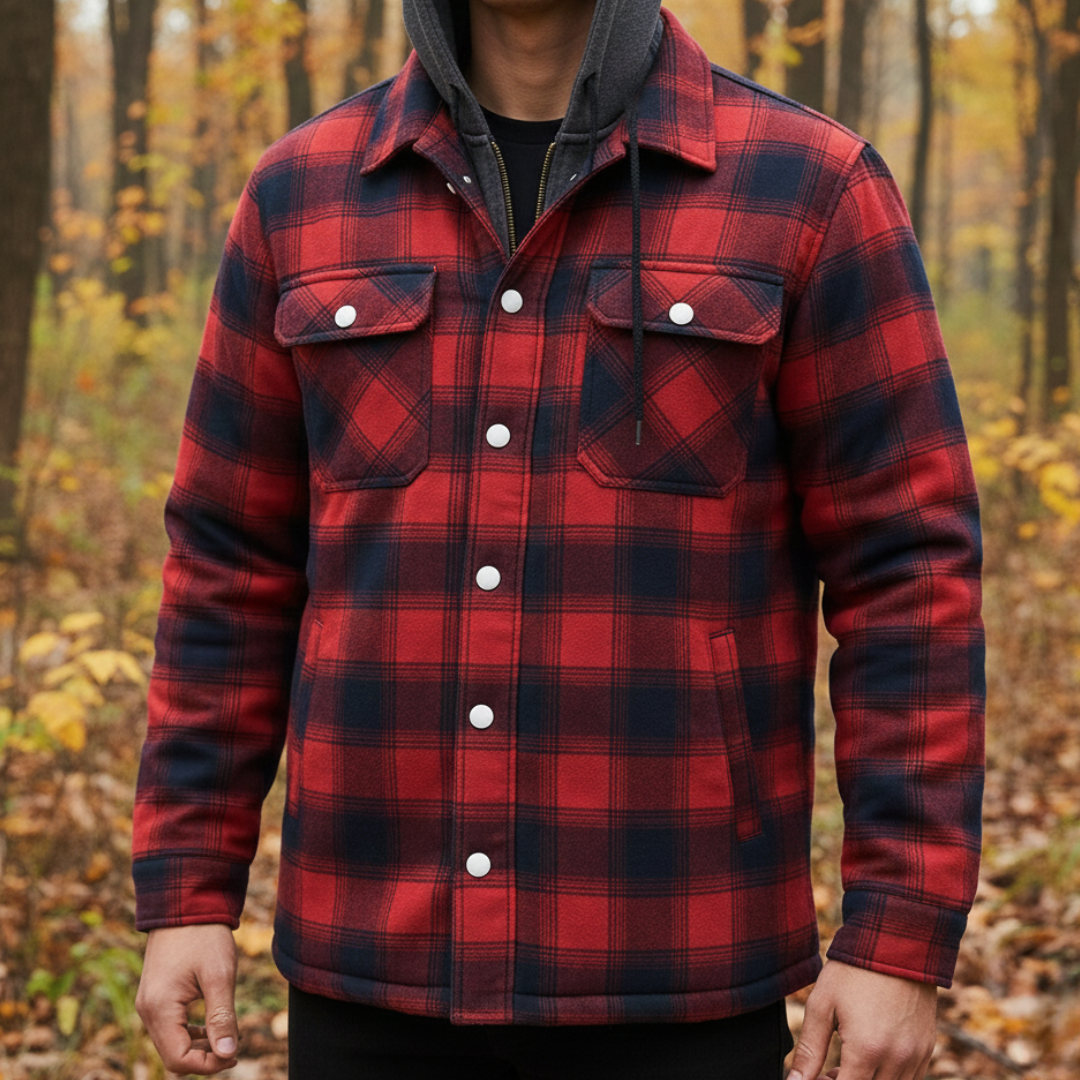 Gefüttertes Overshirt mit Karomuster und abnehmbarer Kapuze, lässige Outdoorjacke für Herren aus Baumwolle und Polyester, warm, komfortabel und stilvoll | Sansoti