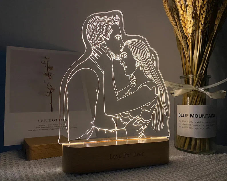Gepersonaliseerde Foto Lamp met Lijntekening | Nachtlampje met Jouw Herinneringen op Acryl en Hout | Sansoti