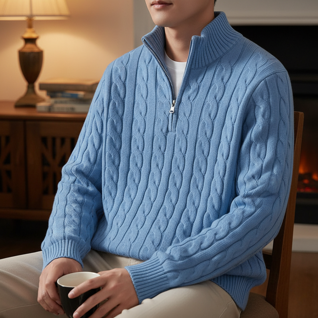 Gestrickter Herrenpullover mit Zopfmuster, Stehkragen und Reißverschluss, Baumwolle, warm, leger, Winter, Marineblau, Grau, Beige | Sansoti
