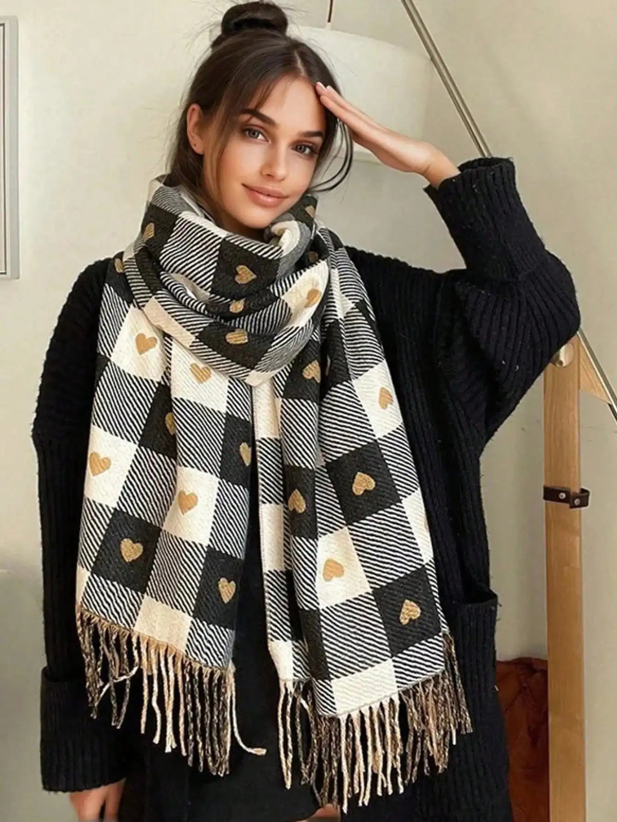 Knitted Winter Scarf with Heart Pattern 200x70cm Woolen Wrap Women's Autumn Winter Warm Accessory | Sansoti