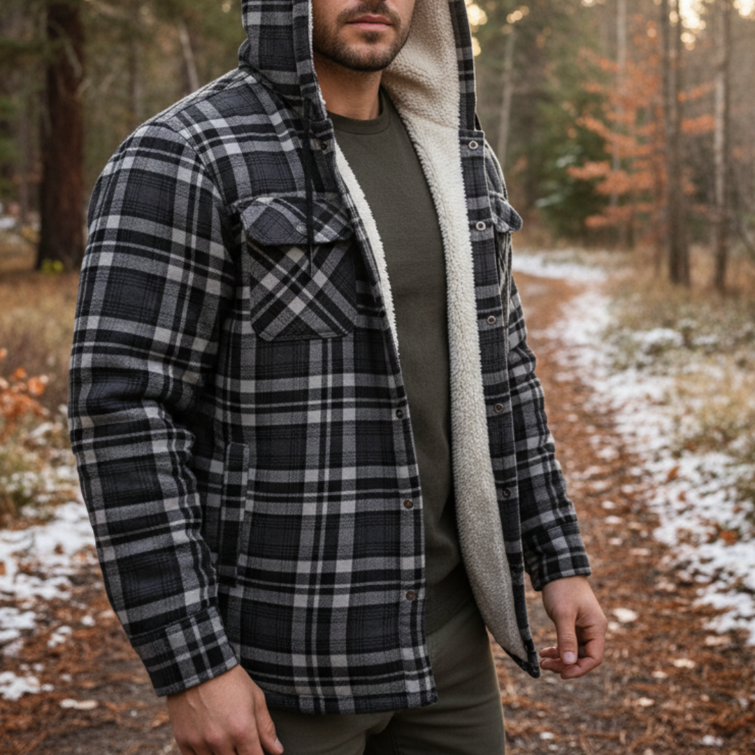 Gefüttertes Flanell-Overshirt für Herren, kariertes Hemdjacke mit Kapuze, warme Winterjacke, Herbst-Outdoor-Arbeitskleidung | Sansoti