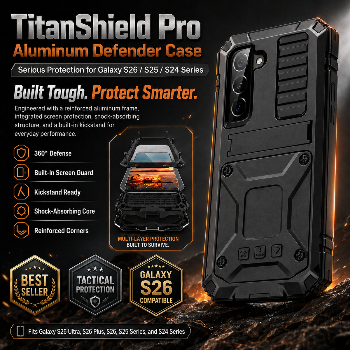 Telefoonhoesje Aluminium met Geïntegreerde Schermbescherming Standaard Beschermhoes Shockproof voor Smartphone | Sansoti