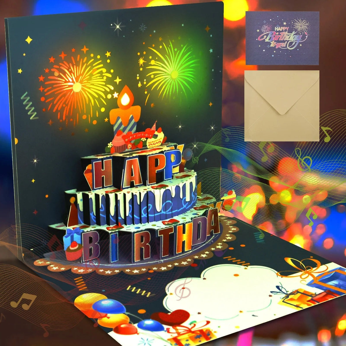 3D Pop-Up Verjaardagskaart met Licht Geluid Vuurwerk Taart Design Muziek Envelop Interactief Feestelijk | Sansoti
