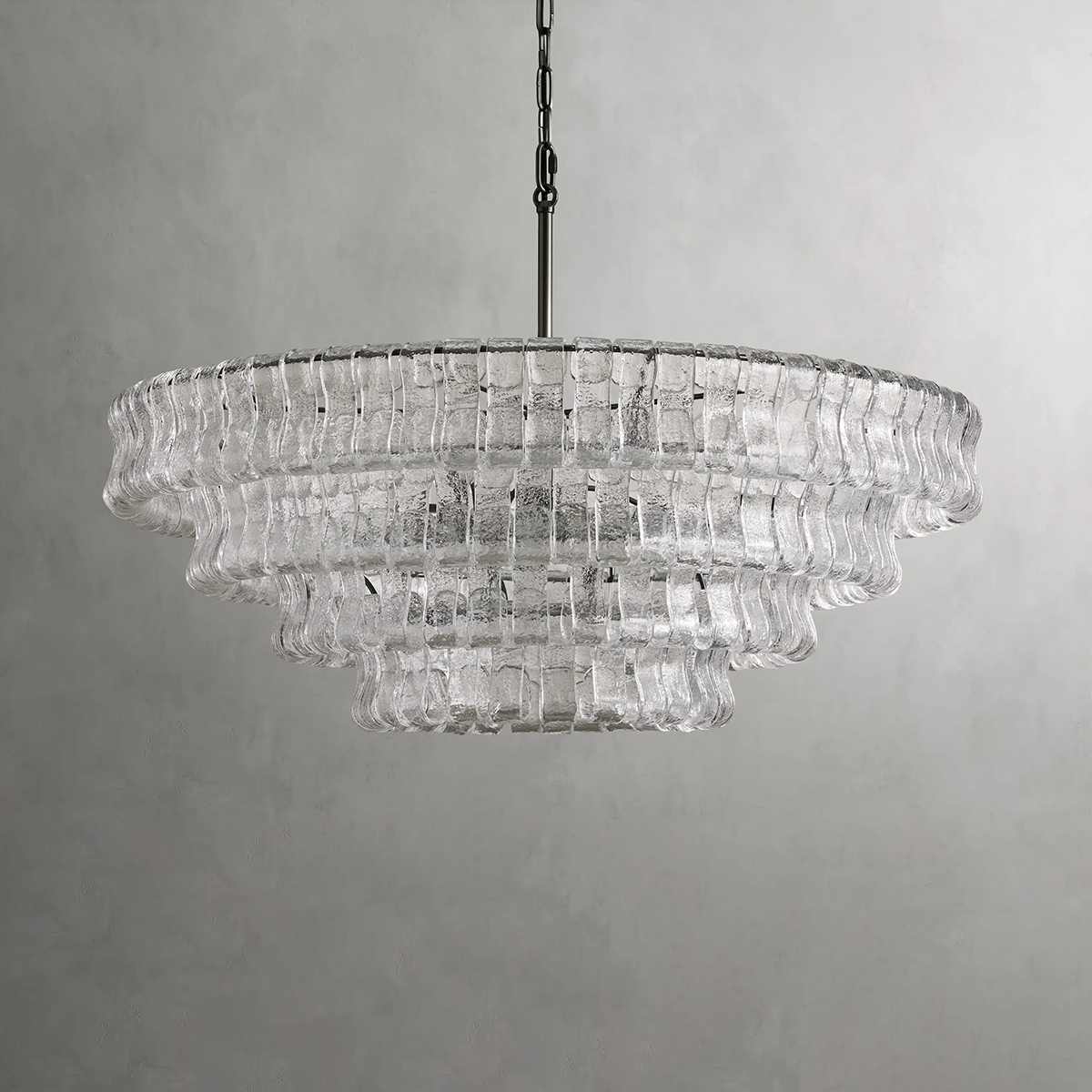 Lustre rond en verre texturé avec structure métallique multicouche À intensité variable et réglable 60-152cm pour salon | Sansoti