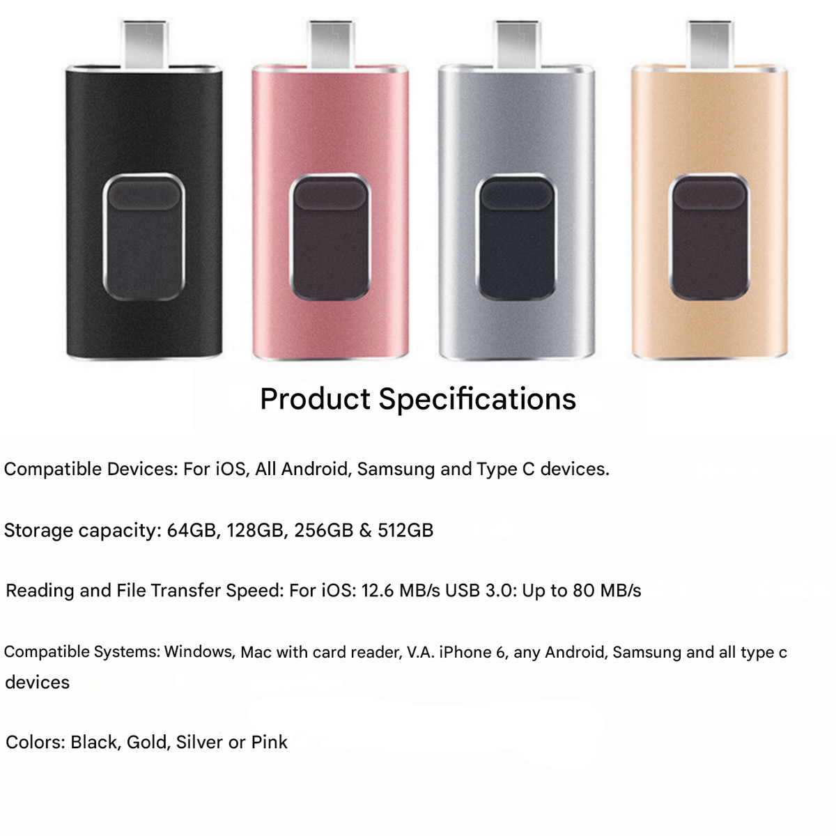 Clé USB 4-en-1 universelle 16GB-1TB métal Lightning USB-C Micro-USB compatible Android iOS Windows macOS | Sansoti