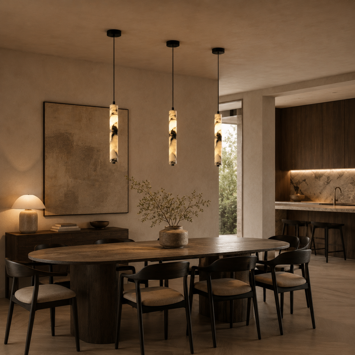 Cilindervormige Hanglamp Natuursteen Zwart Bruin Sfeerlicht voor Eetkamer Slaapkamer Studeerkamer Woonkamer | Sansoti