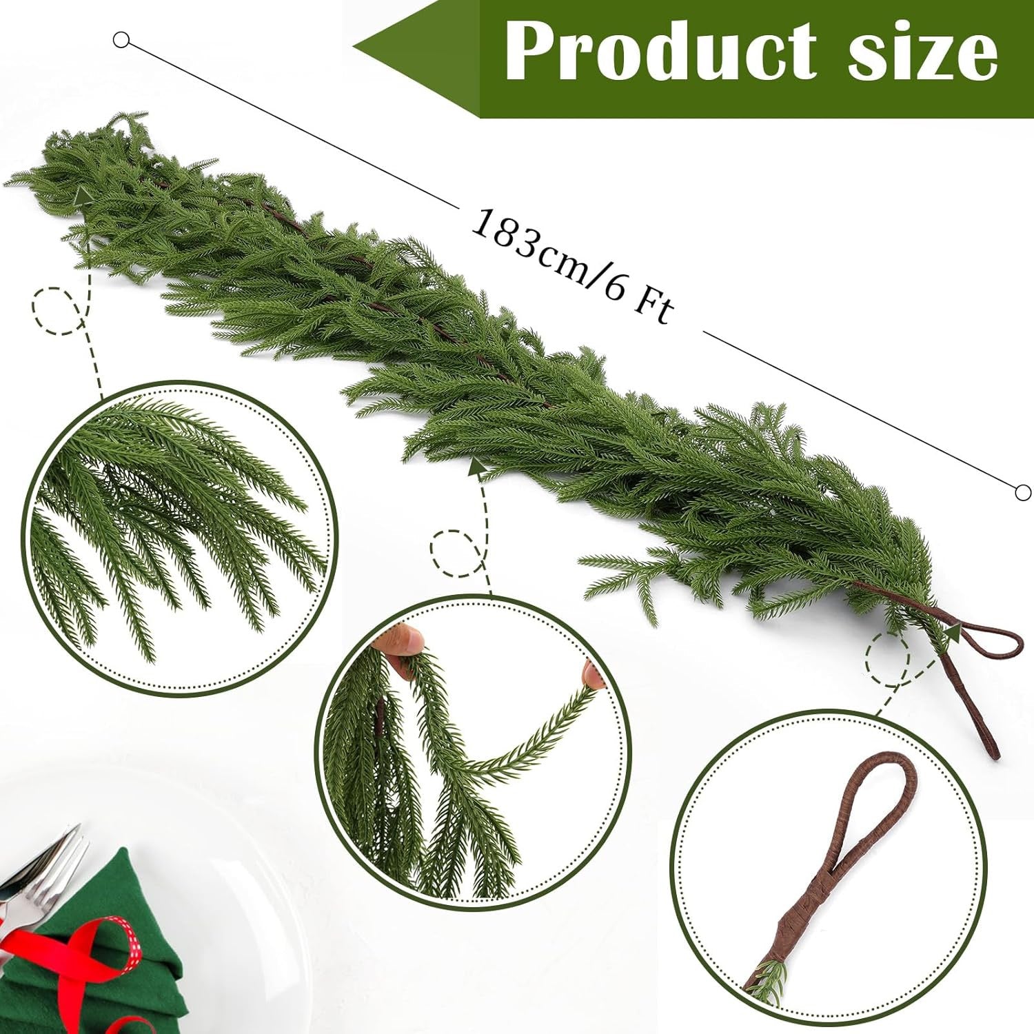 Guirlande de Noël artificielle en branches de sapin, 120-270 cm, dense, verte et flexible, décoration intérieure et extérieure pour porte, escalier ou cheminée | Sansoti