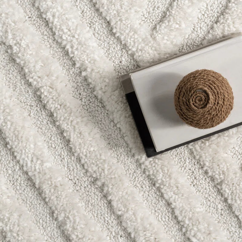 Japandi Hochflor-Teppich Geometrisch Fransen Creme Polypropylen Wohnzimmer Schlafzimmer | Restfield