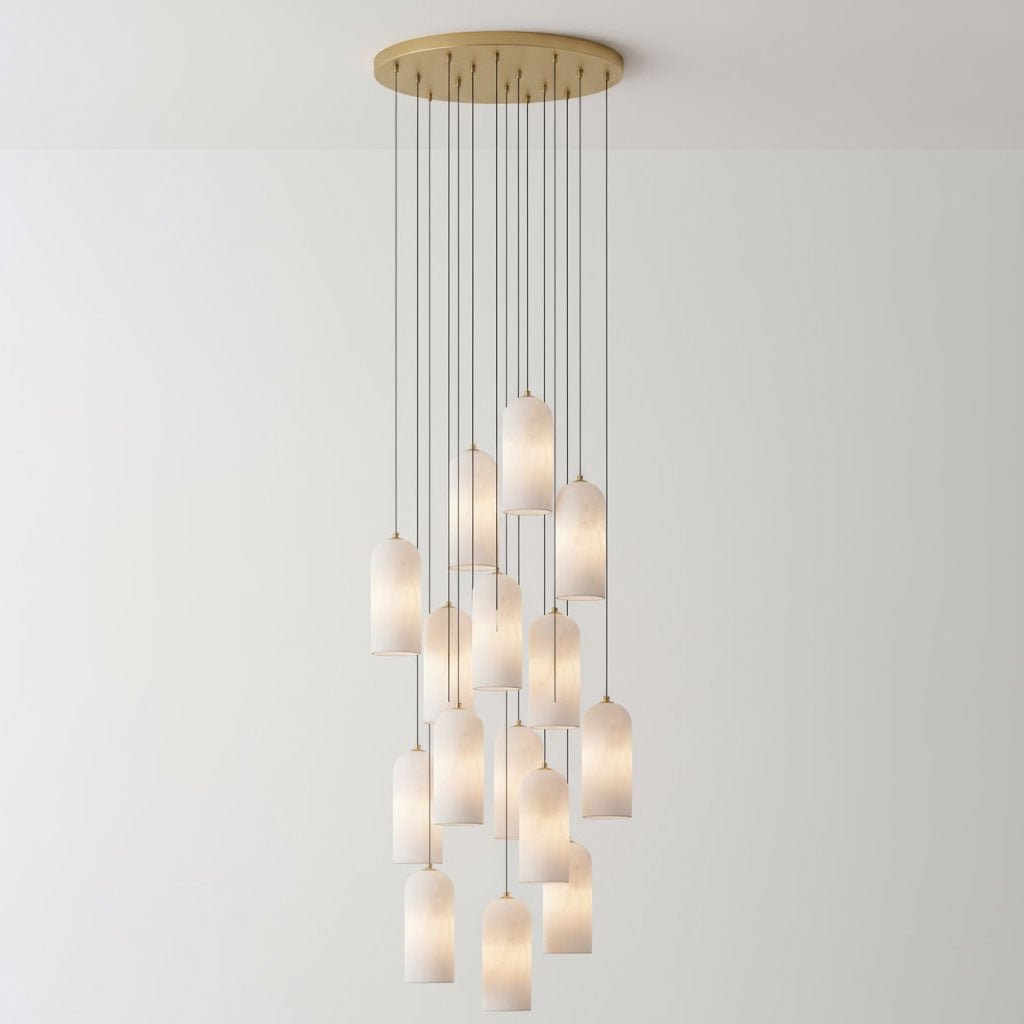 Alabasten Hanglamp met Gevlochten Snoer – Natuursteen Verlichting van Enkel Lichtpunt tot 21-Lichts Cluster – Mid-Century Modern Stijl Eetkamer Hanglamp met E12/E14 Fitting | Sansoti