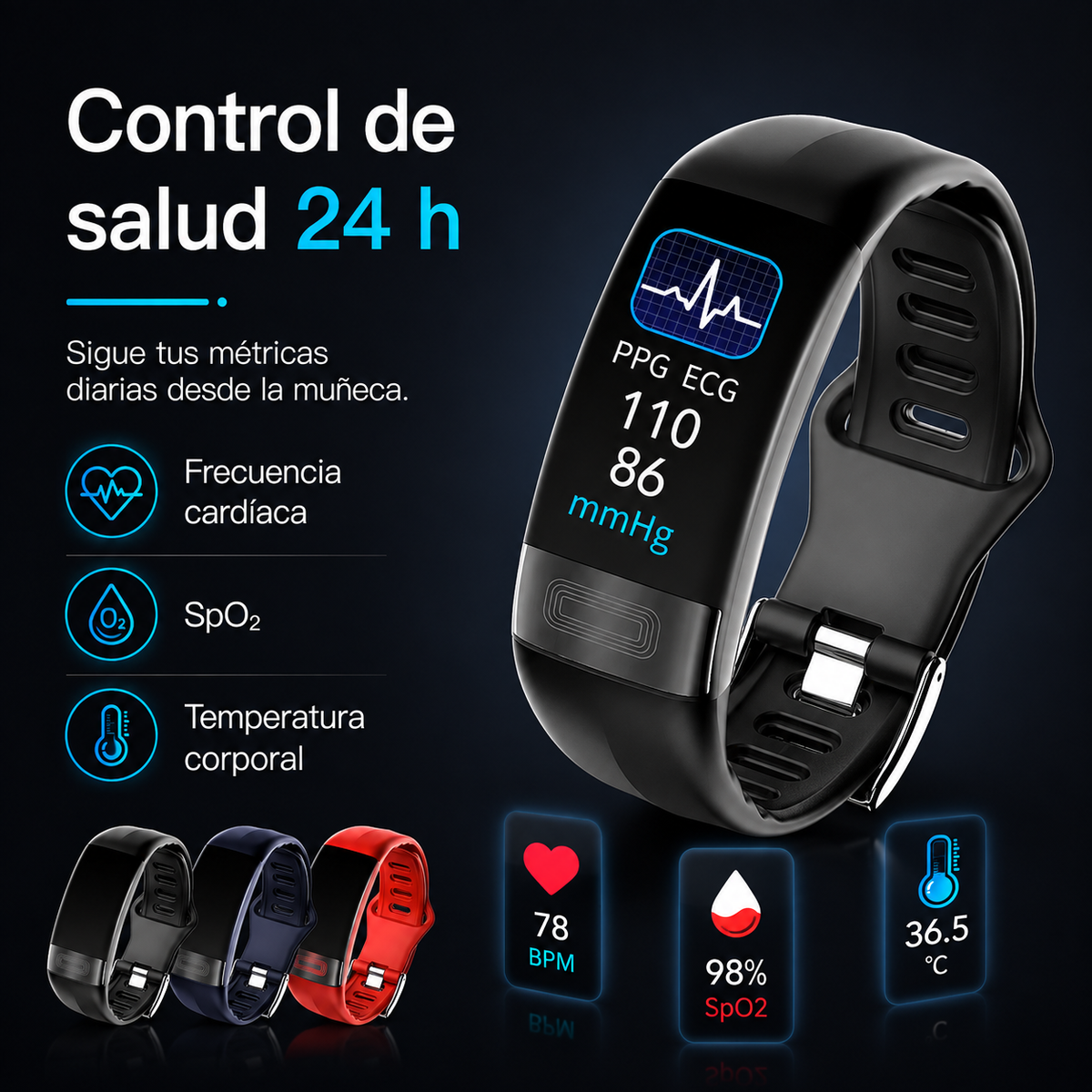 Bracelet de santé avec électrocardiogramme, cardiofréquencemètre, tensiomètre, SpO2, suivi du sommeil, étanche IP67, montre connectée de fitness | Sansoti