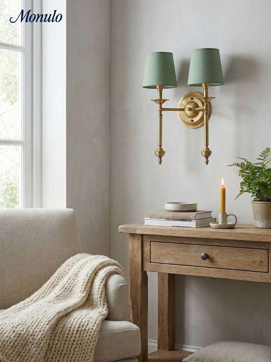 Stoffen Wandlamp met Vintage Koperen Afwerking – Sfeervolle Verlichting voor Hal, Slaapkamer en Woonkamer | Sansoti
