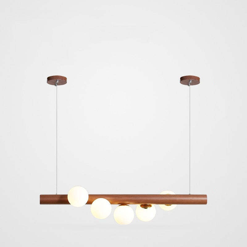 Hängeleuchte Glaskugel mit Deckenbefestigung aus Holz in warmem Walnusston - elegante Ambientebeleuchtung für das Wohnzimmer | Sansoti