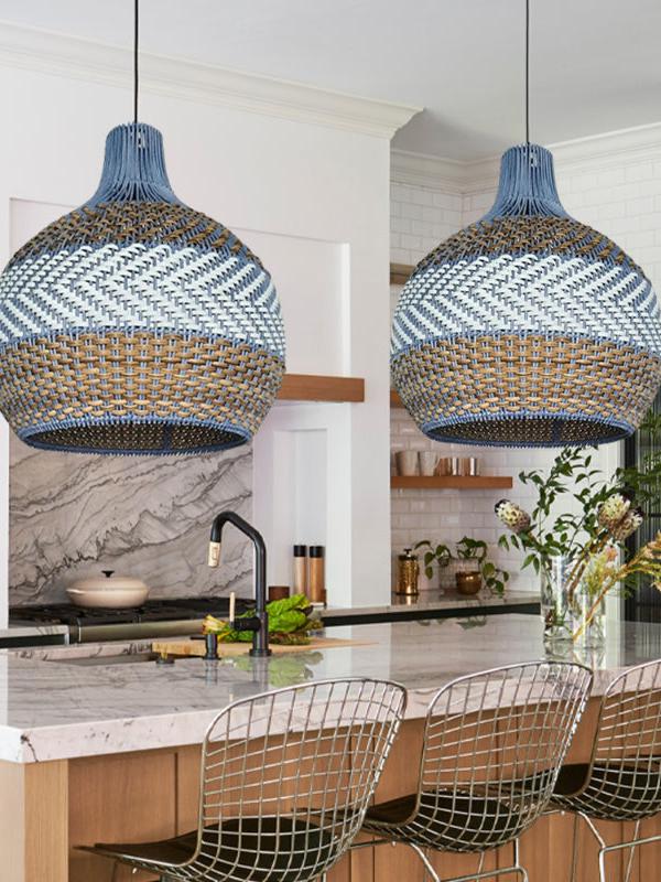 Handgeweven Rotan Hanglamp Blauw Vintage Kap Eetkamer Keuken Woonkamer Scandinavisch Lichtarmatuur | Sansoti