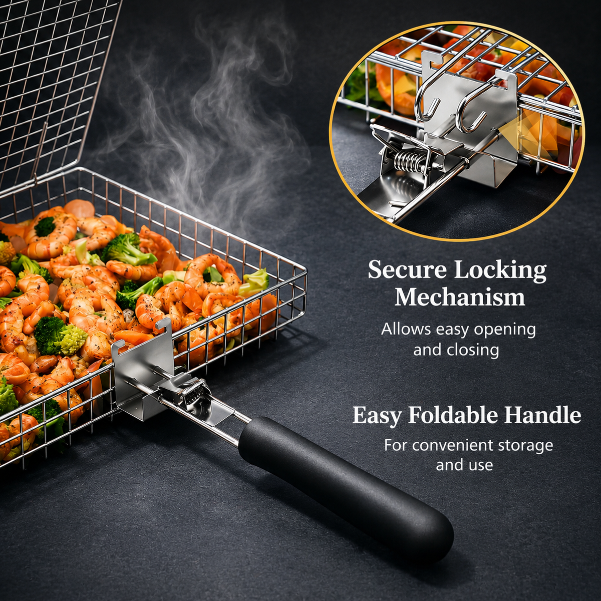 Edelstahl-Grillkorb zum Grillen von Fisch und Gemüse, BBQ-Zubehör für Gartenparty, Camping und Picknick, 33,5x22x29 cm | Sansoti