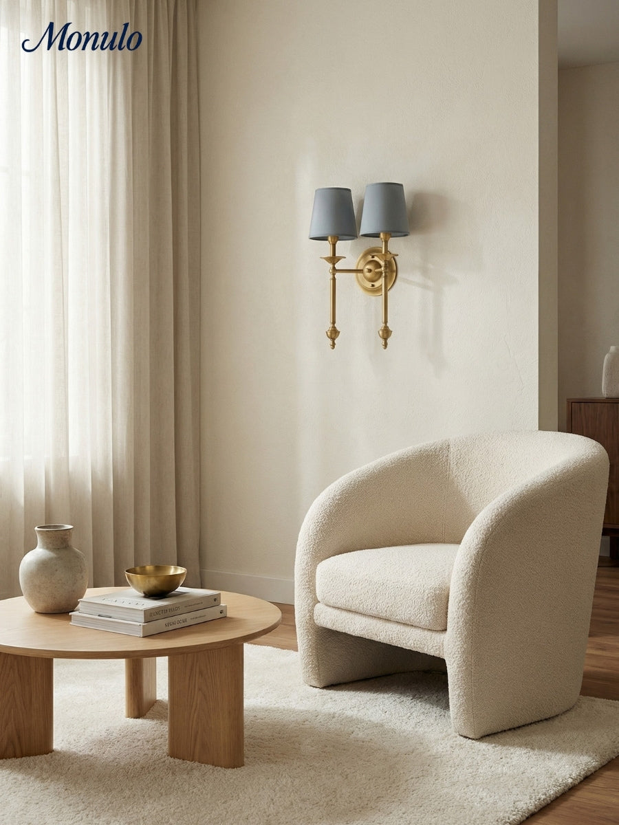 Stoffen Wandlamp met Vintage Koperen Afwerking – Sfeervolle Verlichting voor Hal, Slaapkamer en Woonkamer | Sansoti