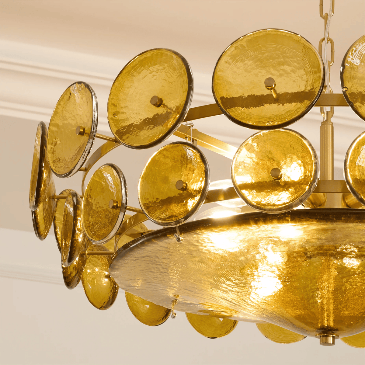 Runder Kronleuchter aus grünem Glas mit verstellbarer Kette, Deckenleuchte im skandinavischen Design für Wohnzimmer und Esszimmer | Sansoti