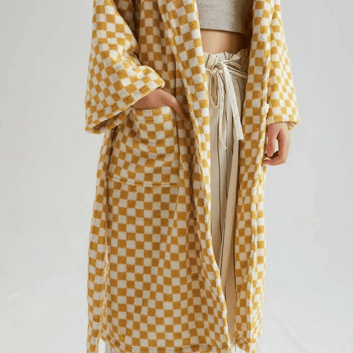 Organic Cotton Bathrobe with Checked Jacquard Weave Texture Green Yellow Loungewear Wellness Spa Women's | Sansoti