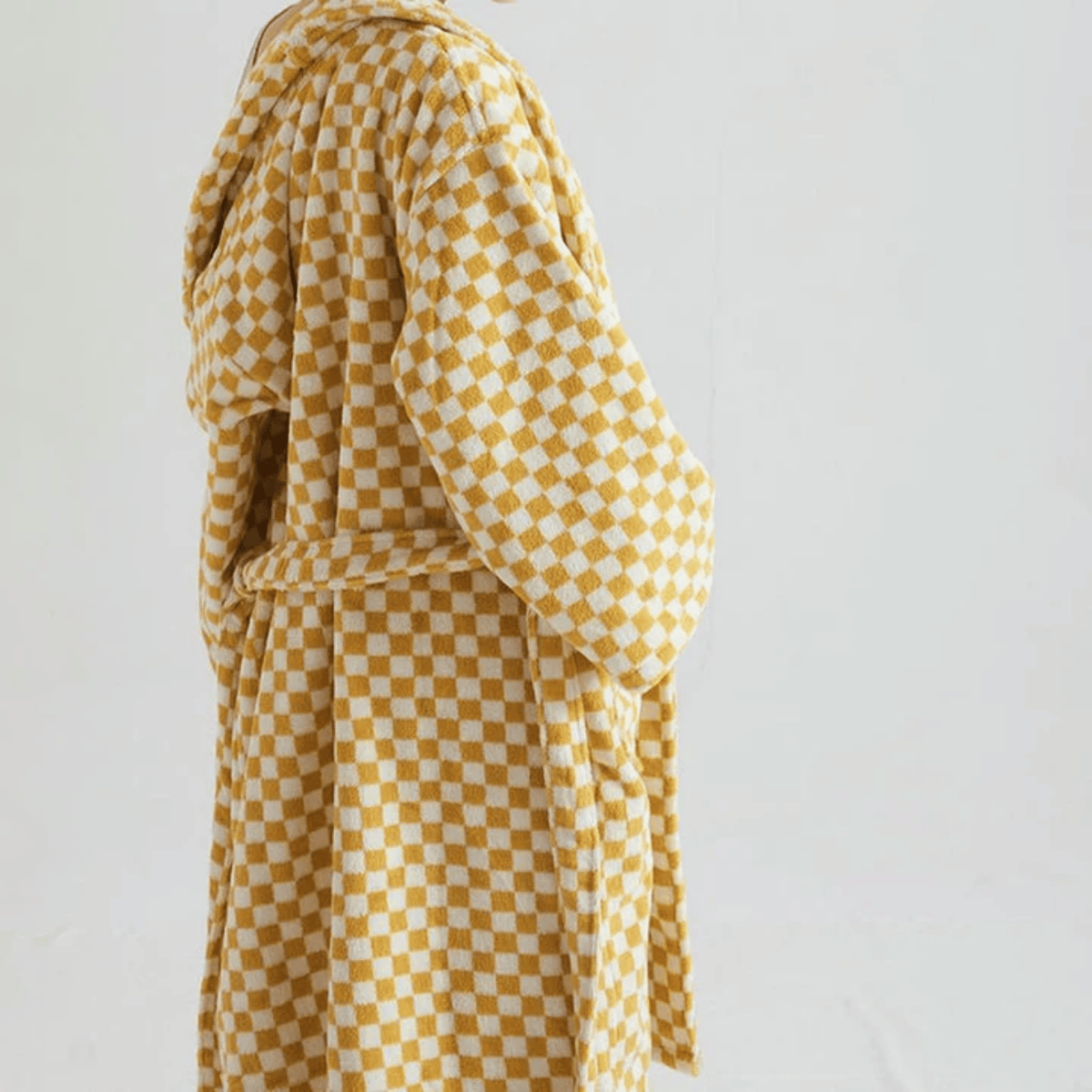 Organic Cotton Bathrobe with Checked Jacquard Weave Texture Green Yellow Loungewear Wellness Spa Women's | Sansoti
