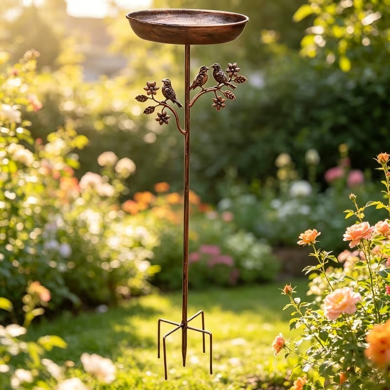 Drinkschaal voor Tuinvogels op Metalen Prikker met Vintage Koperkleur 76cm Hoog Demontabel | Sansoti