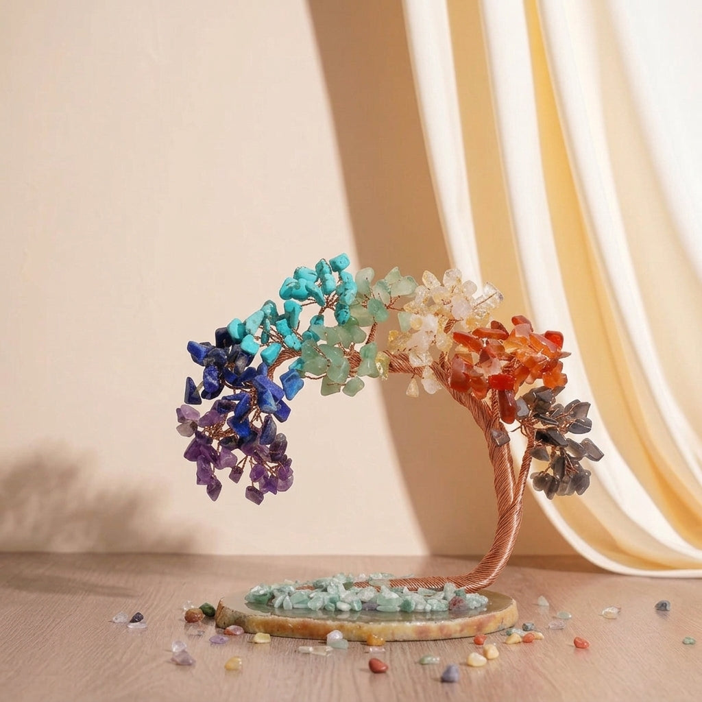 Dekoratives Lebensbaum-Ornament mit Edelsteinblättern, kupferfarbenem Draht und eleganter Achatbasis für das Wohnzimmer | Sansoti
