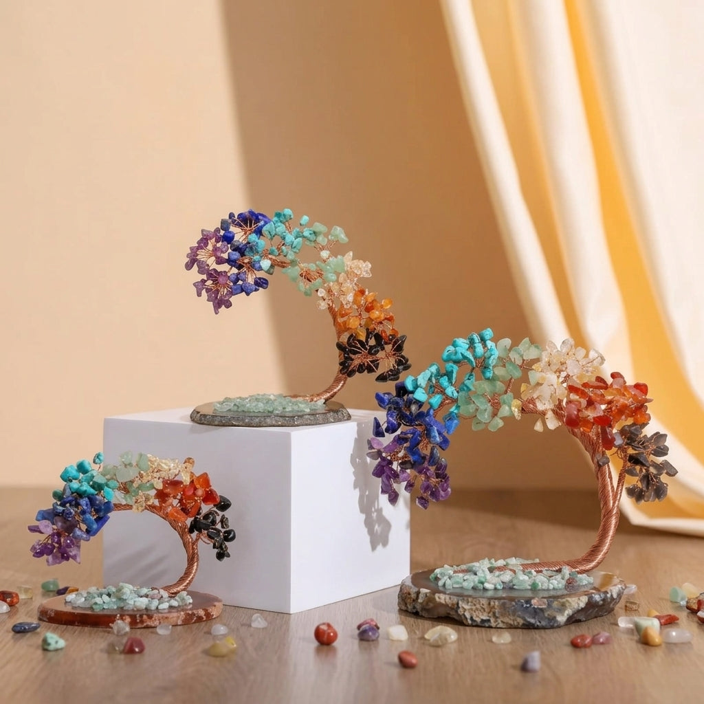 Dekoratives Lebensbaum-Ornament mit Edelsteinblättern, kupferfarbenem Draht und eleganter Achatbasis für das Wohnzimmer | Sansoti