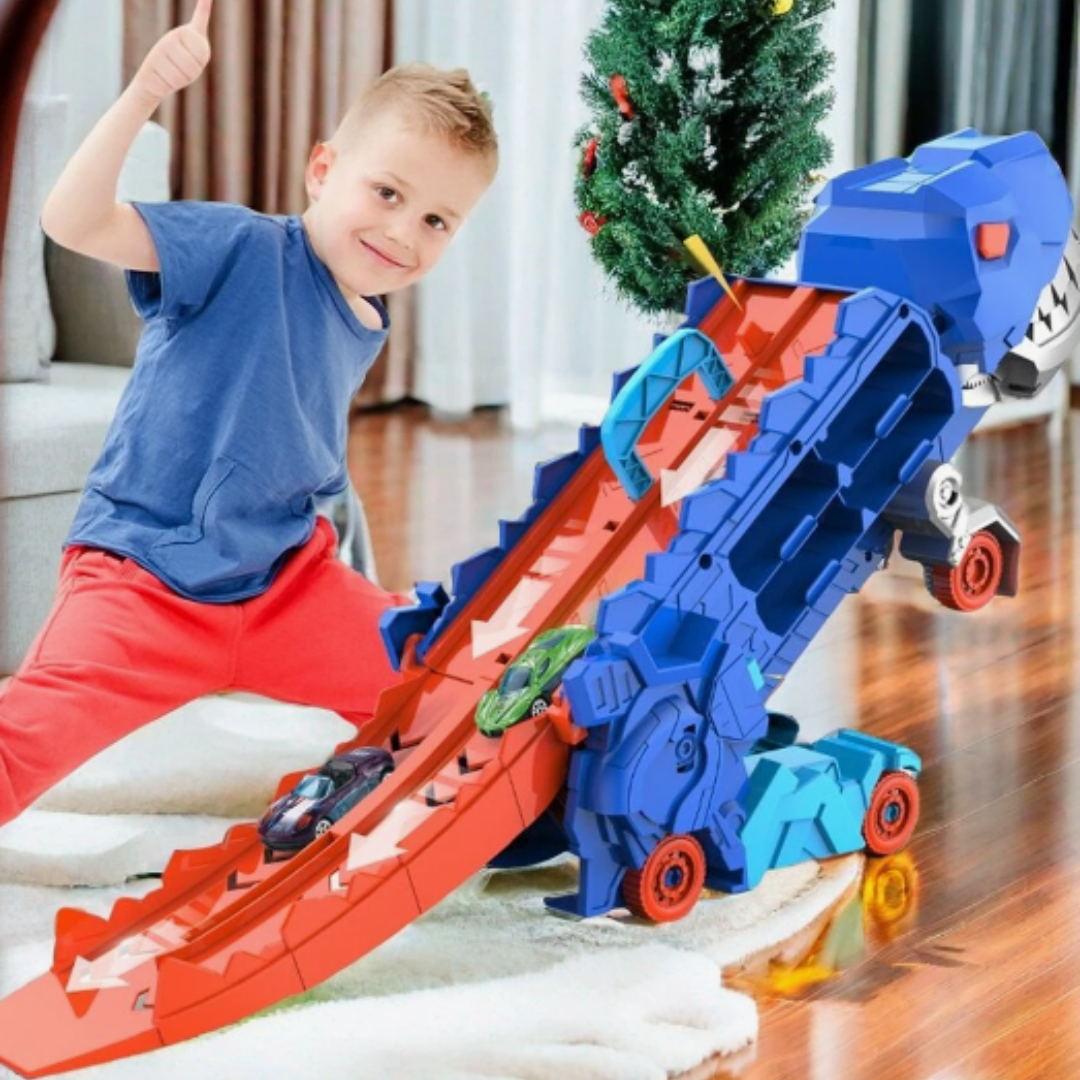 3-in-1 Speelgoedtruck met T-Rex Transporter voor Kinderen - Racebaan Auto Opslag Dino Speelset Educatief | Sansoti