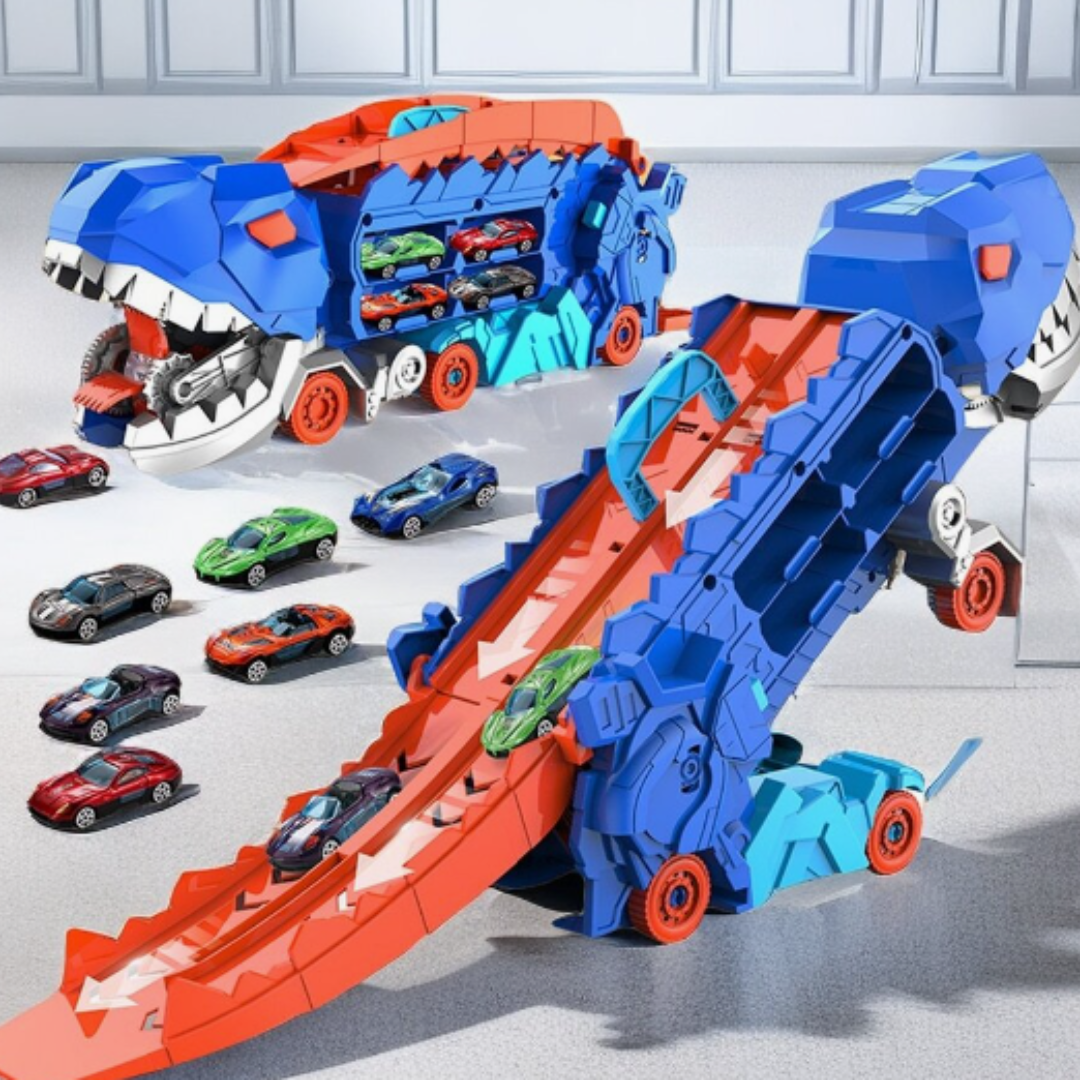 3-in-1 Speelgoedtruck met T-Rex Transporter voor Kinderen - Racebaan Auto Opslag Dino Speelset Educatief | Sansoti