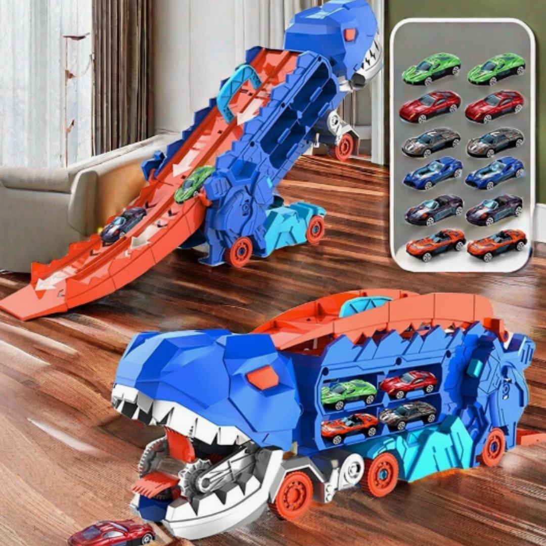 3-in-1 Speelgoedtruck met T-Rex Transporter voor Kinderen - Racebaan Auto Opslag Dino Speelset Educatief | Sansoti