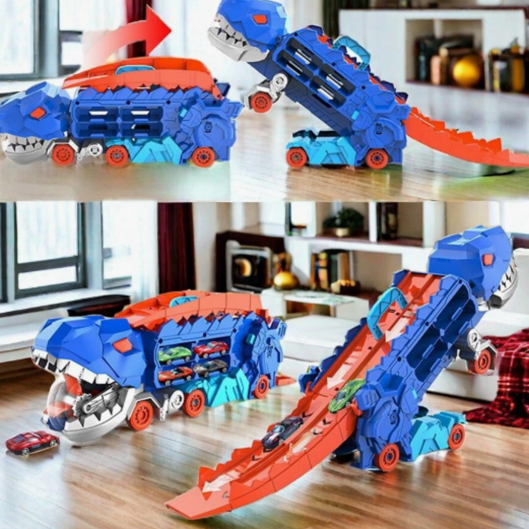 3-in-1 Speelgoedtruck met T-Rex Transporter voor Kinderen - Racebaan Auto Opslag Dino Speelset Educatief | Sansoti