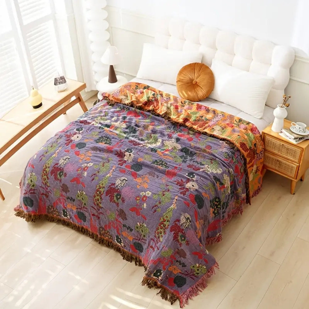 Botanische Katoenen Plaid met Kwasten – Gebloemde Jacquardweving Omkeerbaar Bedsprei Bankkleed Fauteuil Deken voor Alle Seizoenen | Sansoti