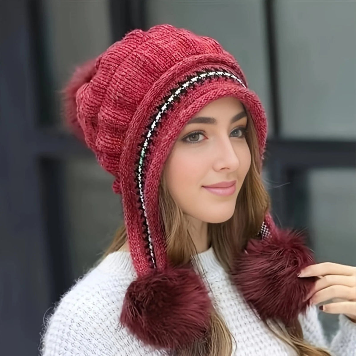 Lined Winter Hat with Faux Fur Pom-Pom and Ear Flaps, Knitted Beanie Ski Hat, Warm Women's Headwear | Sansoti