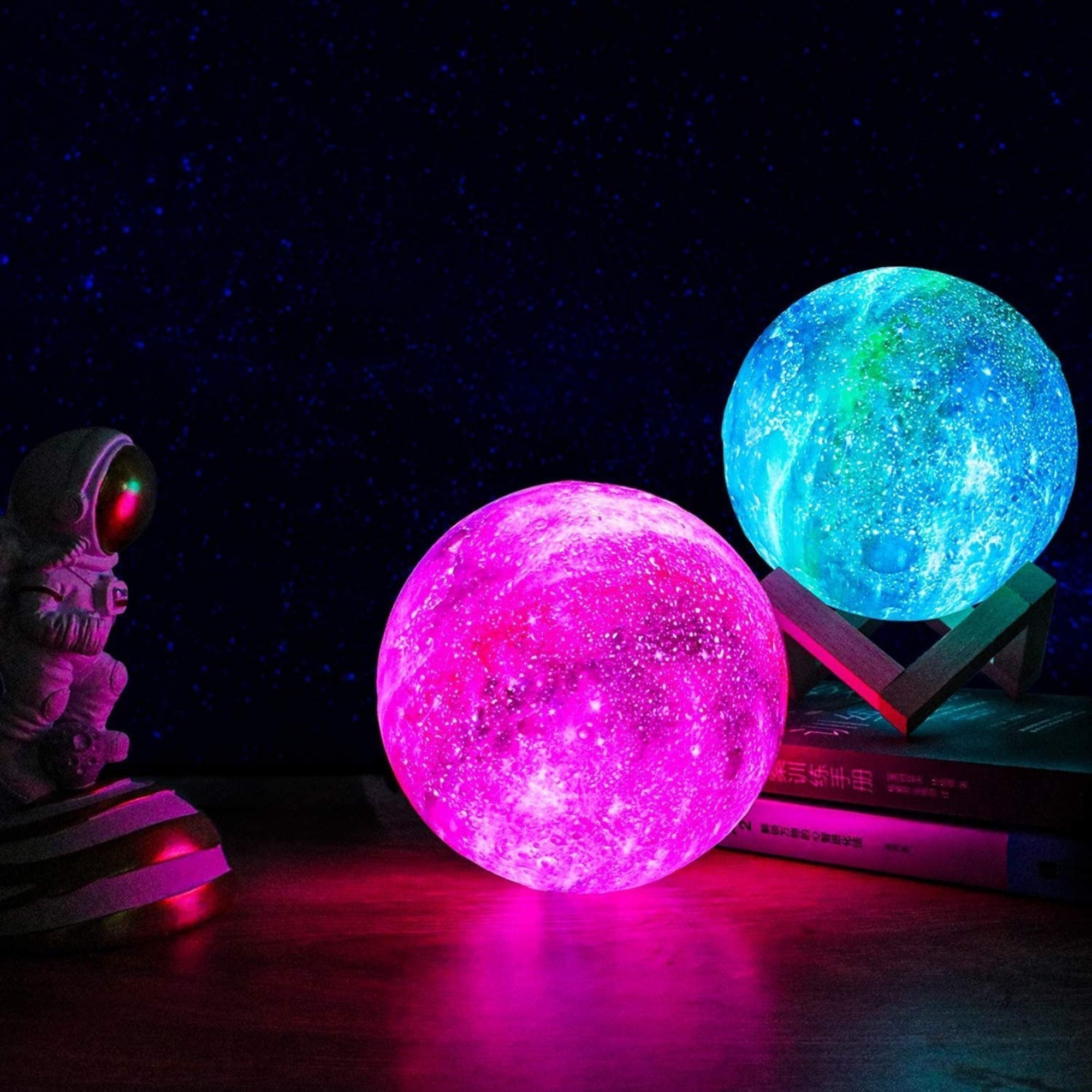 3D Galaxie Maanlamp met Houten Standaard Draadloos Dimbaar Sfeerverlichting Nachtlampje Tafelverlichting 16 Kleuren LED | Sansoti