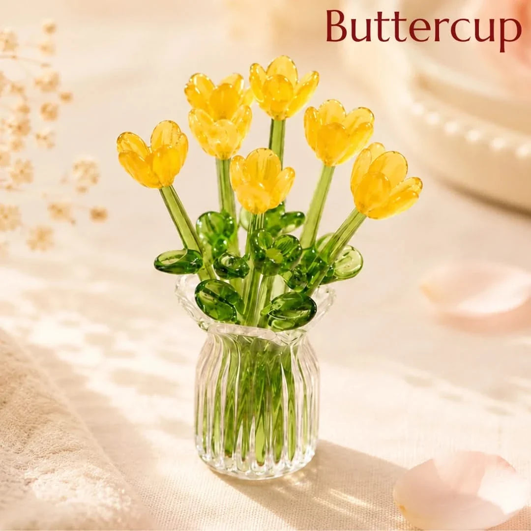 Glasblumenstrauß mit Miniaturvase, 7-teilig, handgefertigtes dekoratives Kunstglas, Wohnzimmer-, Tisch- und Raumdekoration | Sansoti