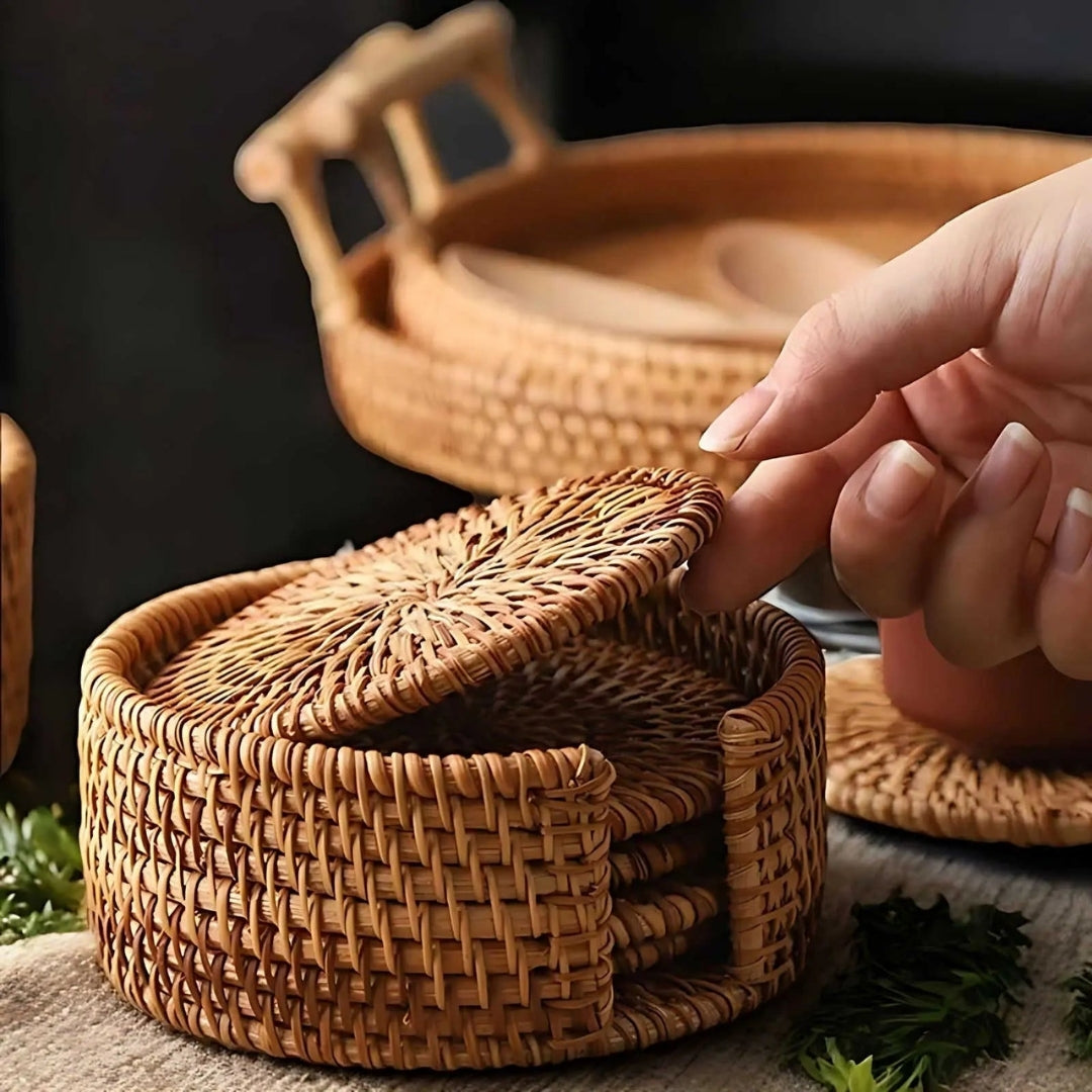 Set of 6 Woven Bamboo Coasters with Holder, Natural Round Table Coasters for Drinks and Coffee | Sansoti