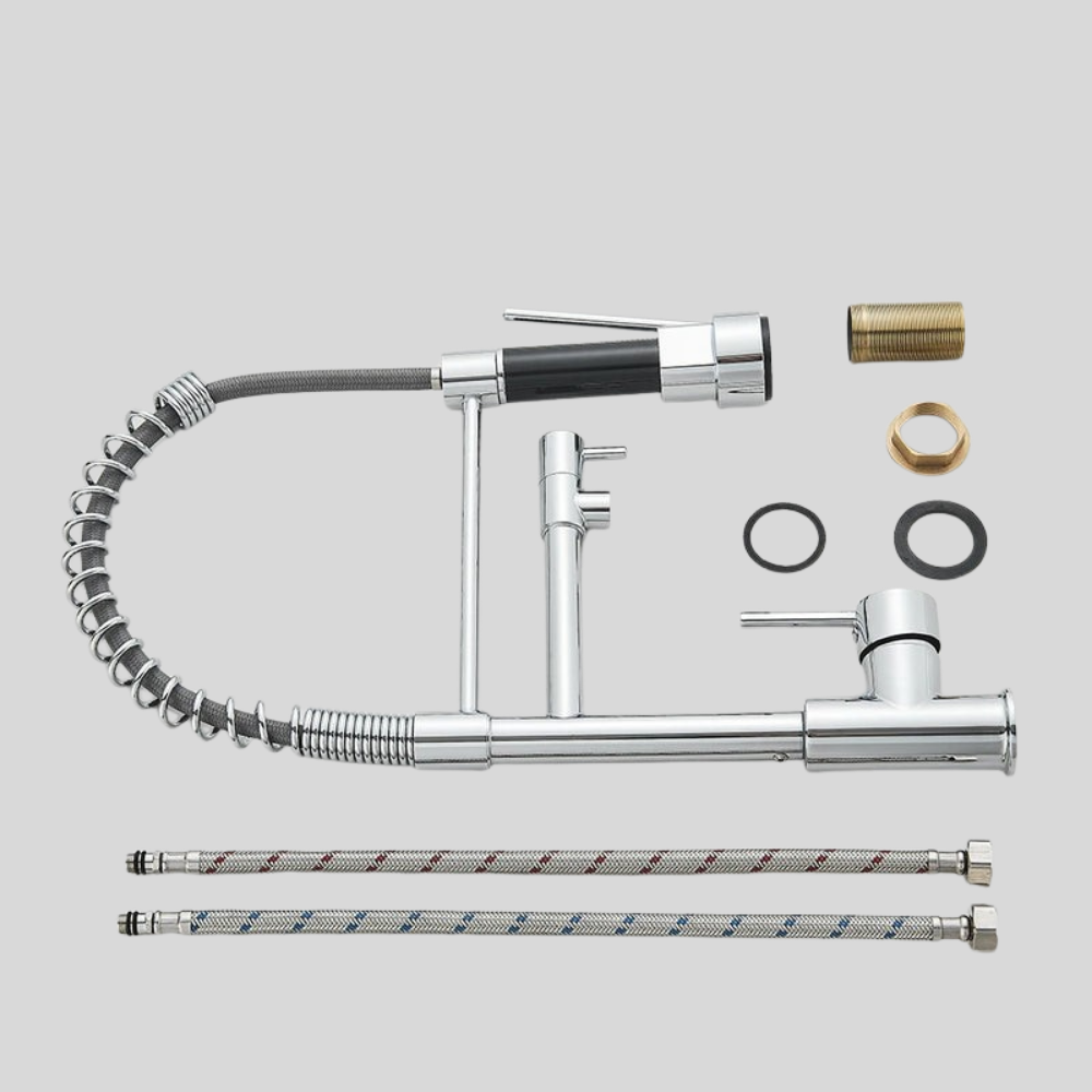 Robinet de cuisine extensible chromé à bec orientable, eau chaude et froide, douchette flexible, mitigeur de cuisine | Sansoti