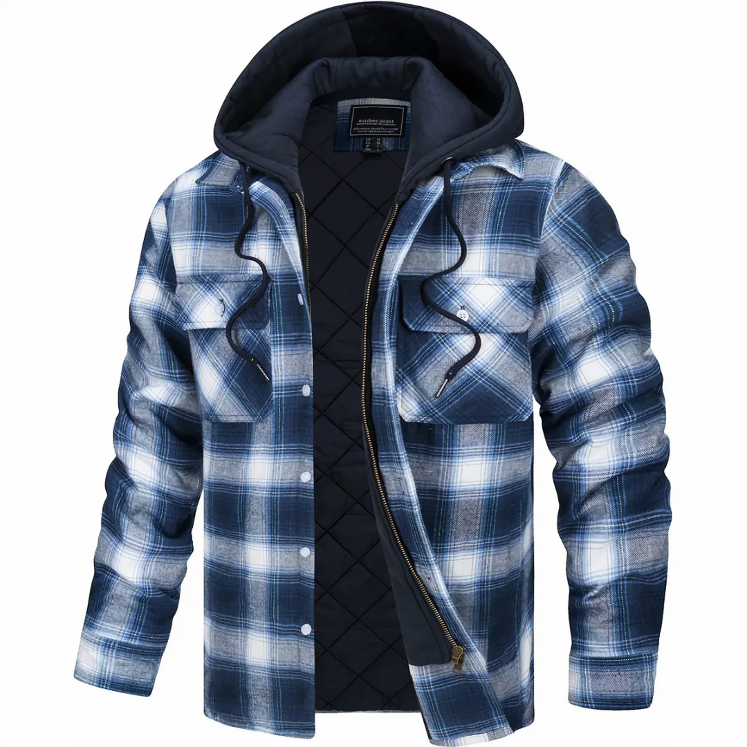 Gefüttertes Overshirt mit Karomuster und abnehmbarer Kapuze, lässige Outdoorjacke für Herren aus Baumwolle und Polyester, warm, komfortabel und stilvoll | Sansoti