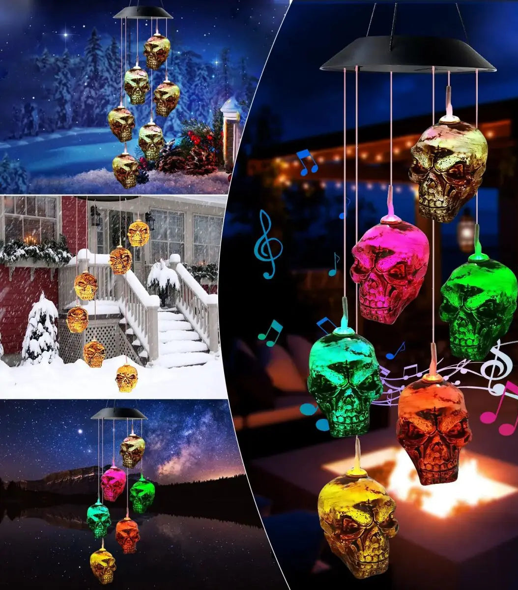 Carillon solaire à vent avec crânes, LED à changement de couleur, décoration suspendue pour jardin et terrasse, éclairage d'ambiance d'extérieur pour Halloween | Sansoti