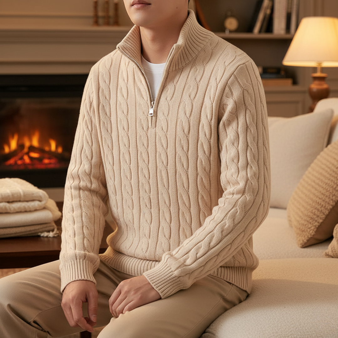 Gestrickter Herrenpullover mit Zopfmuster, Stehkragen und Reißverschluss, Baumwolle, warm, leger, Winter, Marineblau, Grau, Beige | Sansoti
