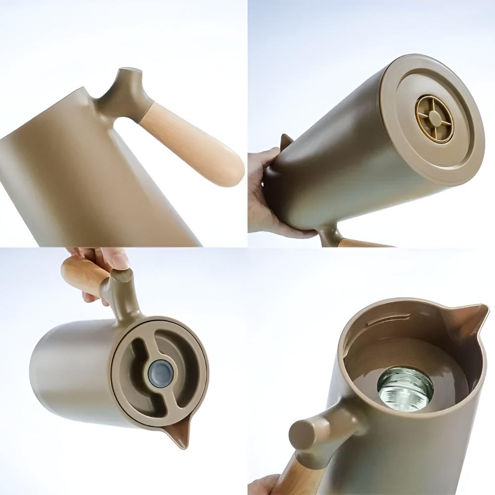 Thermoskan 1L RVS Houten Handvat Beige Keuken Koffie Thee Geïsoleerde Karaf Dubbelwandig Lekvrij Design Karaf Scandinavisch | Sansoti