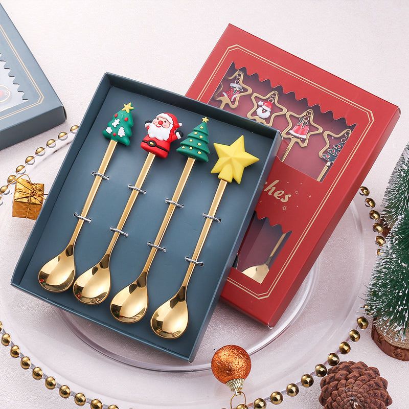 Set de couverts festifs de Noël, cuillère et fourchette en acier inoxydable, or et argent, vaisselle décorative pour table de réveillon | Sansoti