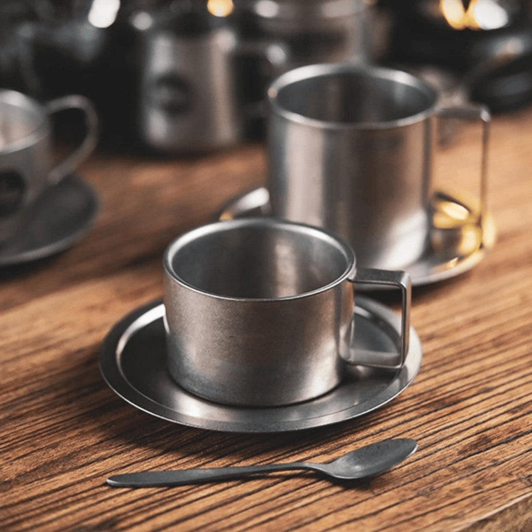 Doppelwandige Kaffeetasse aus Edelstahl mit Untertasse und Löffel, Vintage-Stil, Set, 180-280ml Cappuccino Espresso | Sansoti